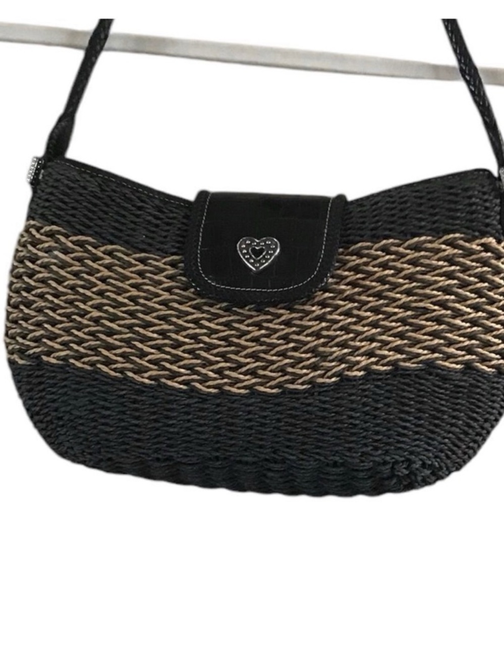 Vintage Woven Shoulder Bag with Heart Accent in Black and Tan